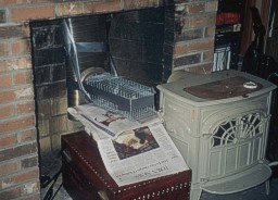 Some jobs demand a little ingenuity and a little duct tape. This cage trap was too big to fit into the woodstove, so the NWCO moved the stove and attached the trap directly to the chimney pipe. He's placed newspaper under the trap to protect the trunk from urine stains. Was the customer happy with this solution? Can you think of another way to solve this problem?