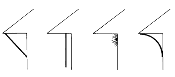 Figure 4. Four methods which may deter swallow nesting. From left to right: Netting attached from the outer edge of the eave down to the side of the building; a curtain of netting; metal projections along the junction of the wall and eave; fiberglass panel mounted to form a smooth, concave surface.